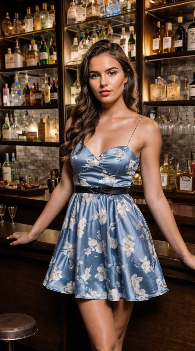 Stunning woman in bar, short dress, dark, sultry setting.