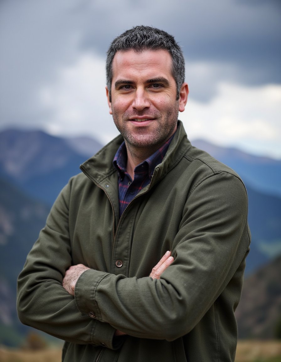 man wearing a forest green canvas jacket with a high collar over a dark blue and red checkered flannel shirt. His arms are confidently crossed over his chest, and he is posing at a slight angle, looking directly at the viewer. The background is a softly blurred, majestic mountain ridge beneath a dramatically cloudy sky, with hints of an approaching storm. The lighting is crisp outdoor natural light, emphasizing the rugged texture of the jacket and the detailed lines of his facial hair.