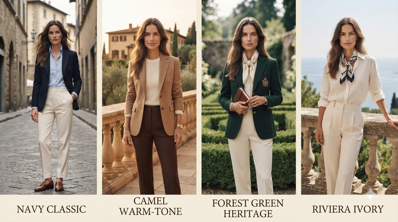 A woman wearing several old money outfit variations to see what suits her best