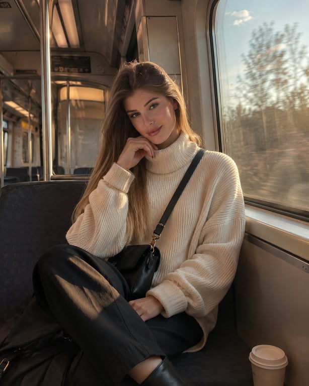 AI generated example: The same woman in a cream sweater seated on a train