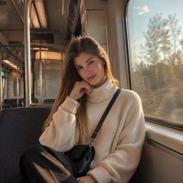 AI generated example: The same woman in a cream sweater seated on a train