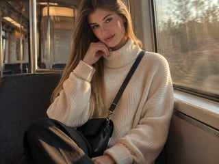 AI generated example: The same woman in a cream sweater seated on a train