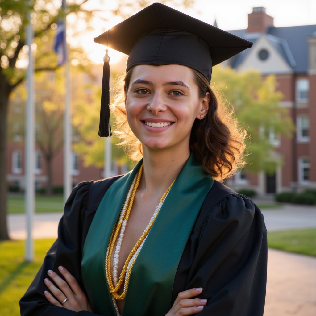 Waist-up portrait of a woman graduate on a campus quad at golden hour, shoulders angled, chin slightly lowered, soft closed-lip smile; wearing a black gown with double honor cords (gold & white) and a deep green satin stole; natural curls gathered into a low ponytail, a few tendrils framing her face; camera slightly above eye level for a flattering angle; 135mm equivalent, f/2.2, ISO 100; backlit rim light outlining the mortarboard and hair, with a large reflector in front for gentle fill; background: brick administration building, flags and spring foliage blurred into warm bokeh; texture notes: subtle stitching along the stole edge, fabric grain on the gown sleeves, tassel threads separated; minimal clutter, buttery background, skin texture preserved, highly detailed, highly realistic, HDR.