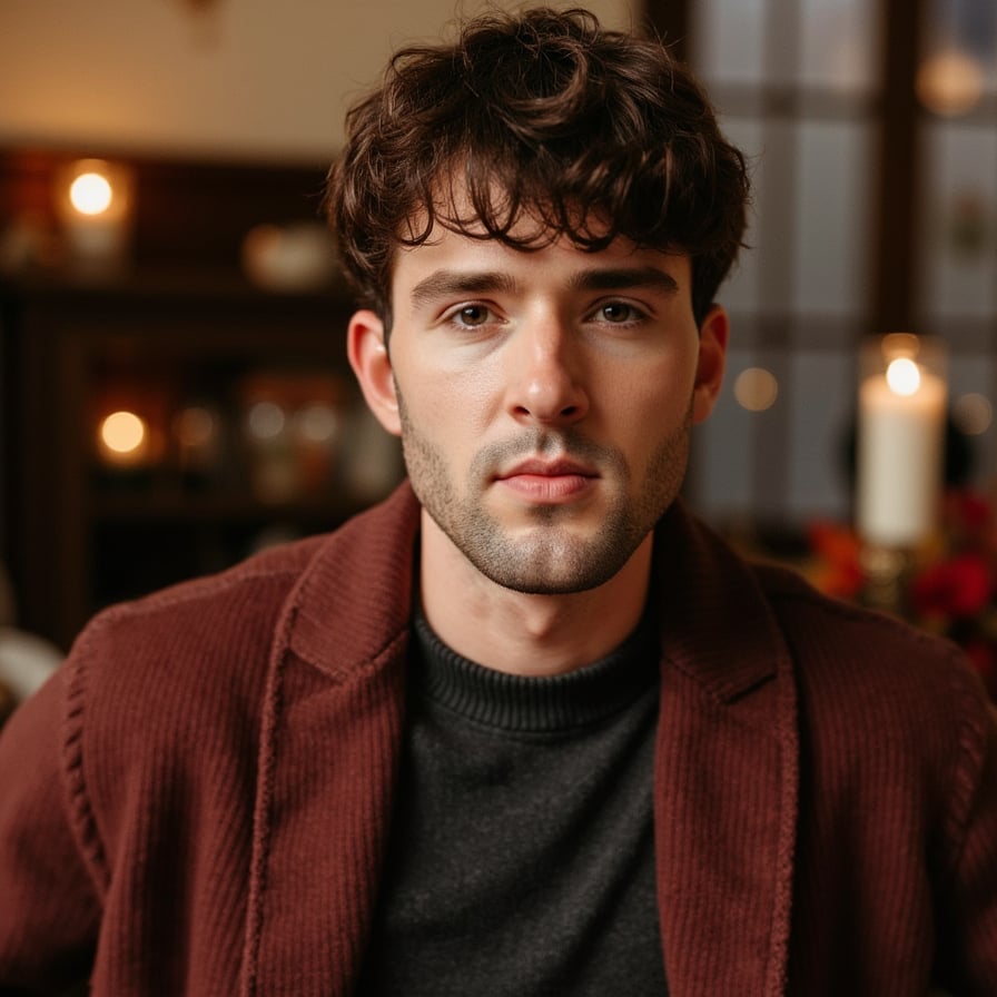 Hyperrealistic, highly detailed, HDR waist-up portrait of a man (male, ~40 yrs) indoors in a warmly lit dining space. Camera eye-level, straight-on. He wears a deep charcoal henley layered under a dark maroon wool cardigan with button detail. Short dark hair with a few silver strands, neatly styled. Background softly blurred: dark wood panels and subtle candle bokeh, faint reflections on glassware. Lighting warm and directional — candlelight from lower left adds gentle upward highlights on his face and collarbones. Visible details: fine beard texture, micro-shadows across the face, sweater’s dense weave, reflections in eyes. Mood cinematic, intimate Thanksgiving warmth. HDR, high resolution, high quality, highly detailed, photorealistic.