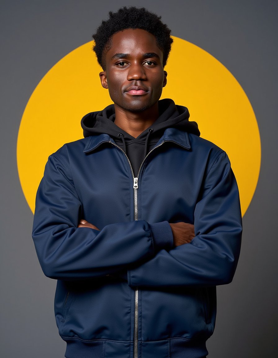 man wearing a dark navy blue bomber jacket over a black hooded sweatshirt. He is depicted in a chest-up portrait, positioned directly frontal with a neutral expression. The background is a vivid, solid yellow. Soft shadows are cast from balanced studio lights, ensuring skin tone accuracy is preserved, with sharp edges and minimal bokeh.