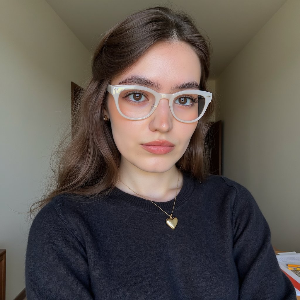 Hyper-realistic 1960s senior portrait of a girl wearing bold, upswept cat-eye glasses with translucent pearl-white frames, captured chest-up with an 85mm lens. Her hair is styled in a smooth bouffant with curled ends, parted slightly to the side, each strand meticulously detailed. She wears a dark navy wool sweater with fine ribbing along the neckline, subtle fuzz on the fabric visible in HDR clarity. A small gold heart pendant rests on the collarbone, catching a pinpoint highlight. Her complexion is porcelain with light freckles across the nose and upper cheeks, faint blush, and a natural satin sheen across the forehead. Lips are matte rose-pink, closed in a gentle, confident smile. Studio lighting from the left casts soft shadows under the chin and cheekbones, with a muted charcoal-grey backdrop providing depth without distraction.