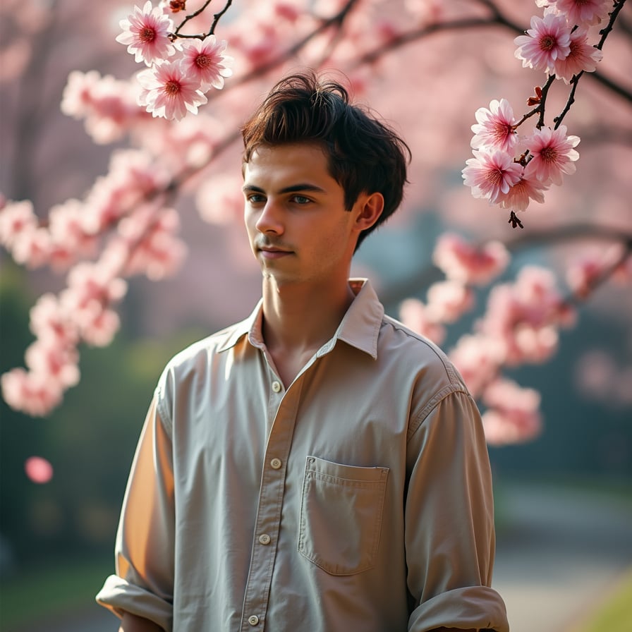 Man surrounded by gently falling sakura blossoms, wearing a casual yet elegant attire, gentle smile, soft focus, warm pastel hues, serene natural lighting, calm atmosphere, tranquil expression, standing in a serene Japanese garden, with a subtle mist in the background