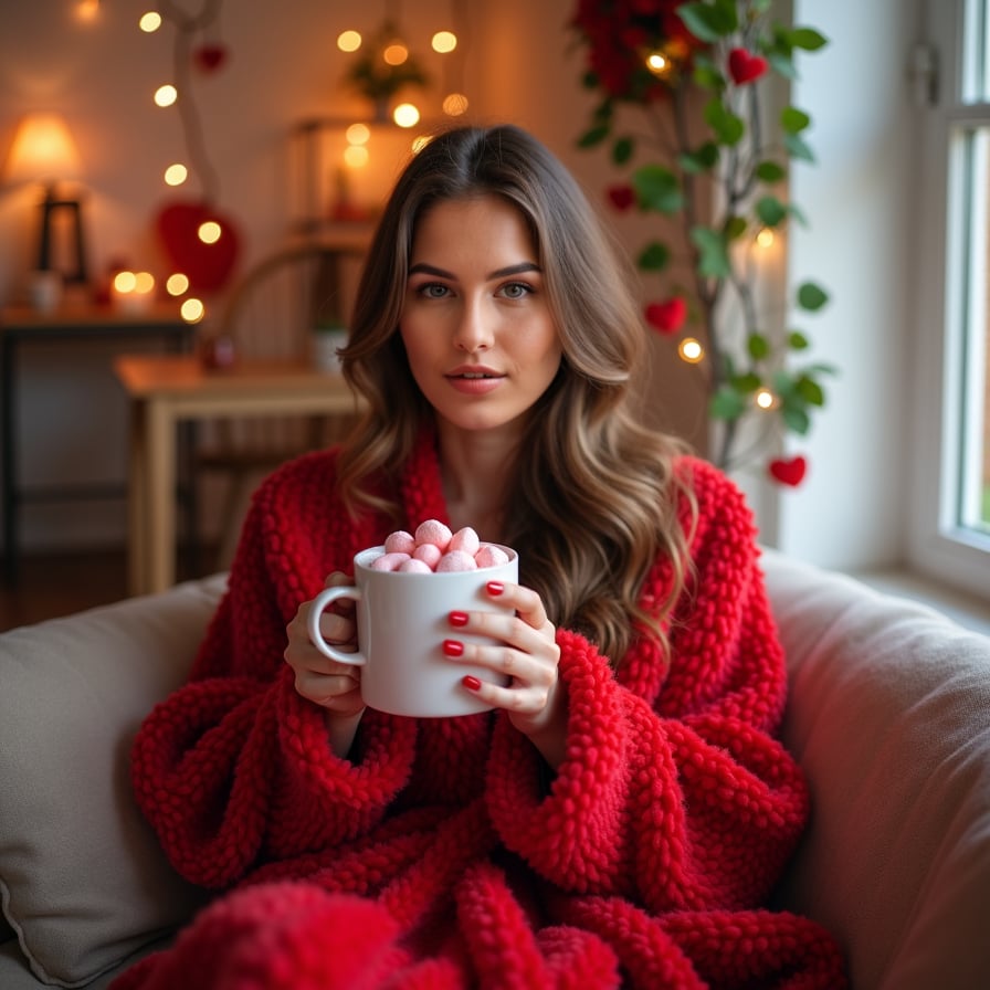 A model sitting on a cozy couch, wrapped in a fluffy red Valentine's Day blanket, sipping hot chocolate with heart-shaped marshmallows in a softly lit room filled with fairy lights and rose petals.