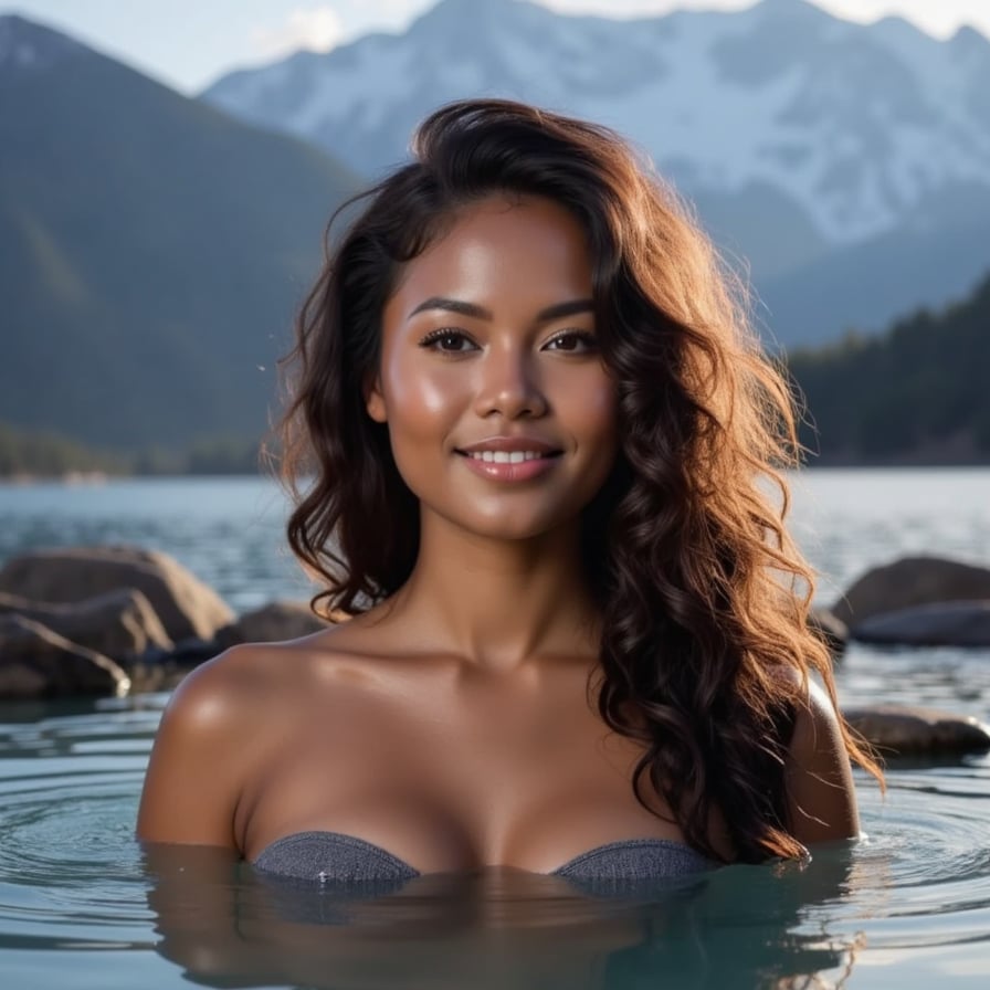 A woman in a thermal bikini soaking in a natural hot spring high in the Himalayas, snow-capped peaks in the distance, steam rising around her.