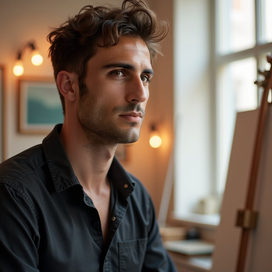 man in a dimly lit studio or gallery. He is wearing a simple yet stylish outfit, such as a dark shirt or jacket, with a canvas or musical instrument subtly visible in the background. His expression is thoughtful and creative, showcasing his artistic side