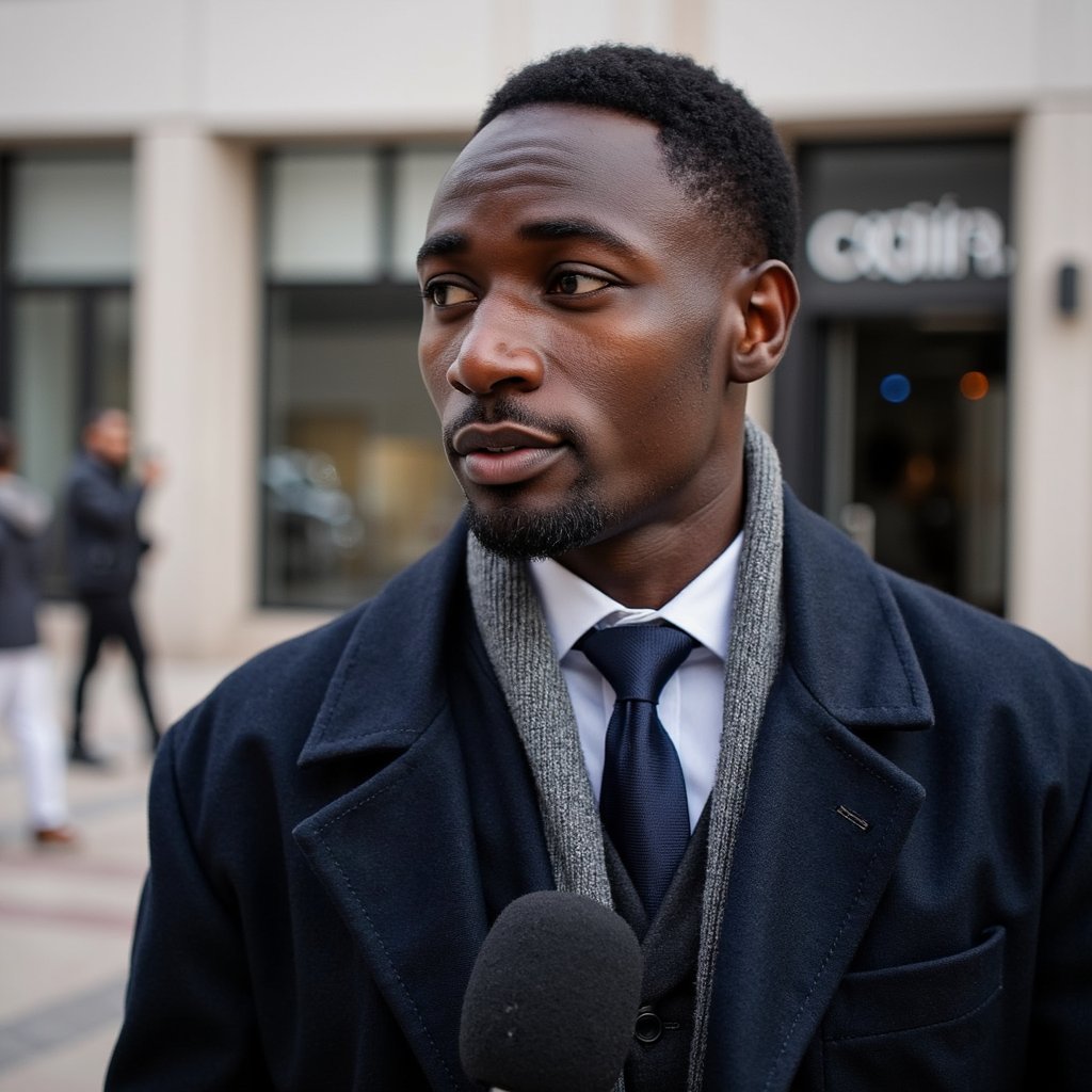 Highly realistic, highly detailed HDR image of a man journalist in a dark wool overcoat over a navy suit, gray scarf draped loosely; short neatly styled hair. Camera: 35mm lens, f/2.8, ISO 200, half-body, shot at slight upward angle outdoors. Lighting: bright overcast sky as giant softbox, natural catchlight in eyes, soft jawline shadow. Pose: holding handheld microphone toward unseen subject, expression focused and inquisitive. Background: blurred urban plaza with faint silhouettes of passersby, minimal clutter