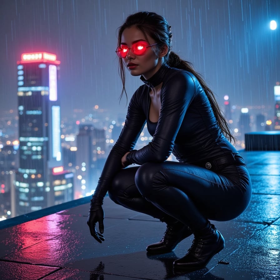 Stealthy female Avenger in nano-stealth suit, crouching on a neon-soaked rooftop, glowing red visor, cyberpunk city below, night rain falling, cinematic shadows, moody and dramatic