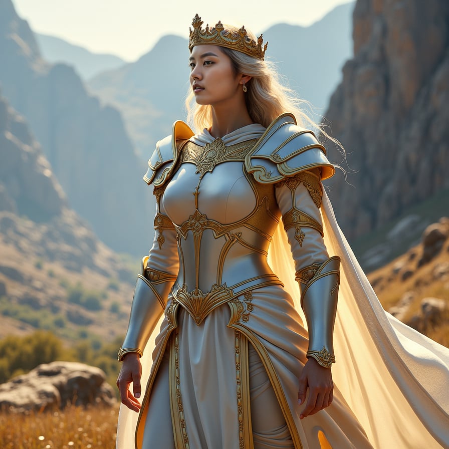 Female paladin, white armor, detailed, magical backdrop.