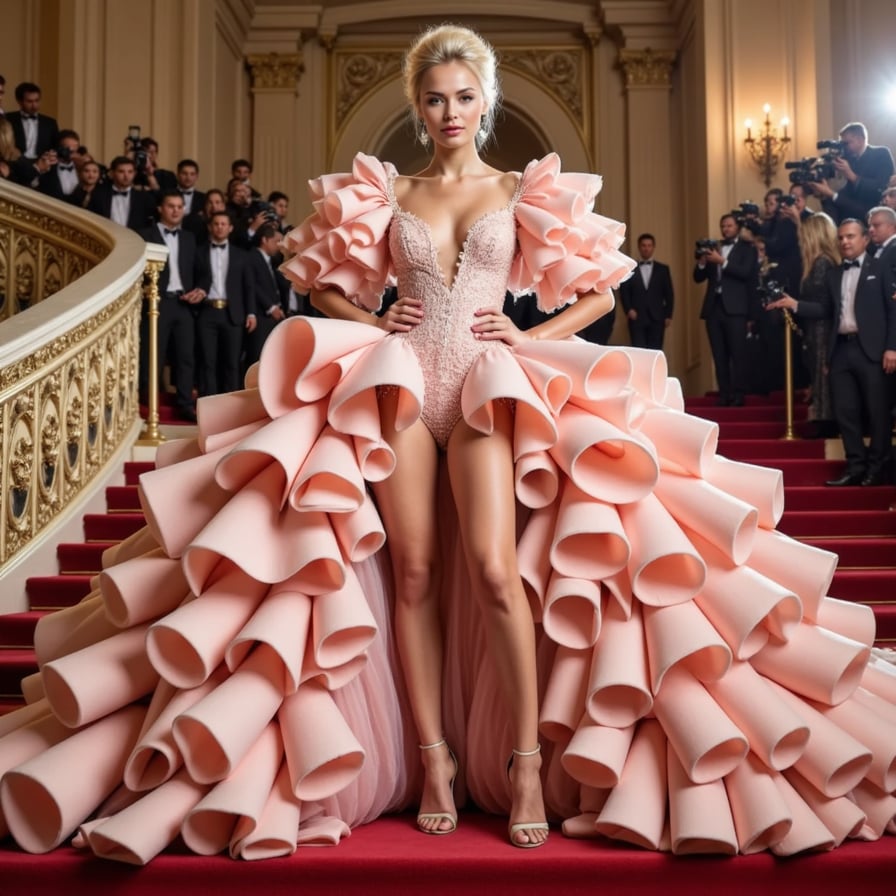 A playful Met Gala outfit inspired by the 2019 ‘Camp’ theme, featuring oversized pastel ruffles, exaggerated silhouette, dramatic pose on red carpet with paparazzi lighting