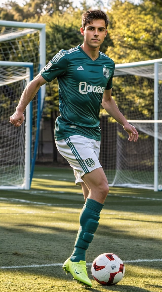Athletic man in action, soccer jersey, green field, sunlight.