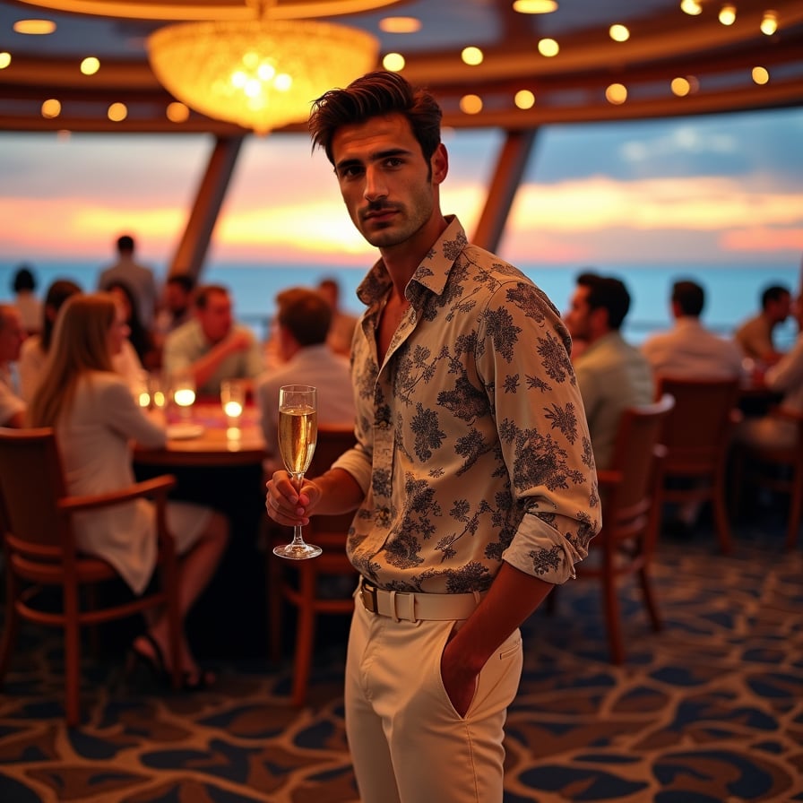 Casino Night: The model is in the ship’s casino, printed  dress in glamorous evening wear. he’s playing a game at the casino table or mingling with other guests, with the vibrant, sophisticated atmosphere of the casino adding to the scene.