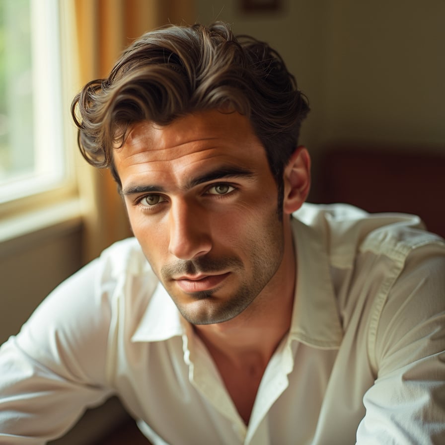 Classic vintage portrait, sepia tones, elegant attire, and antique backdrop.