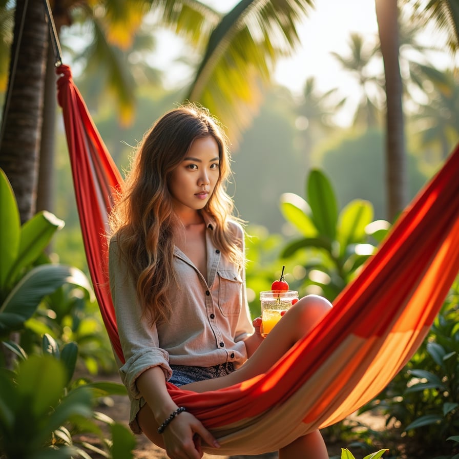 woman relaxing in a hammock, surrounded by palm trees, under a sunny tropical sky, wearing a casual linen shirt and swim shorts, with a refreshing cocktail in hand,