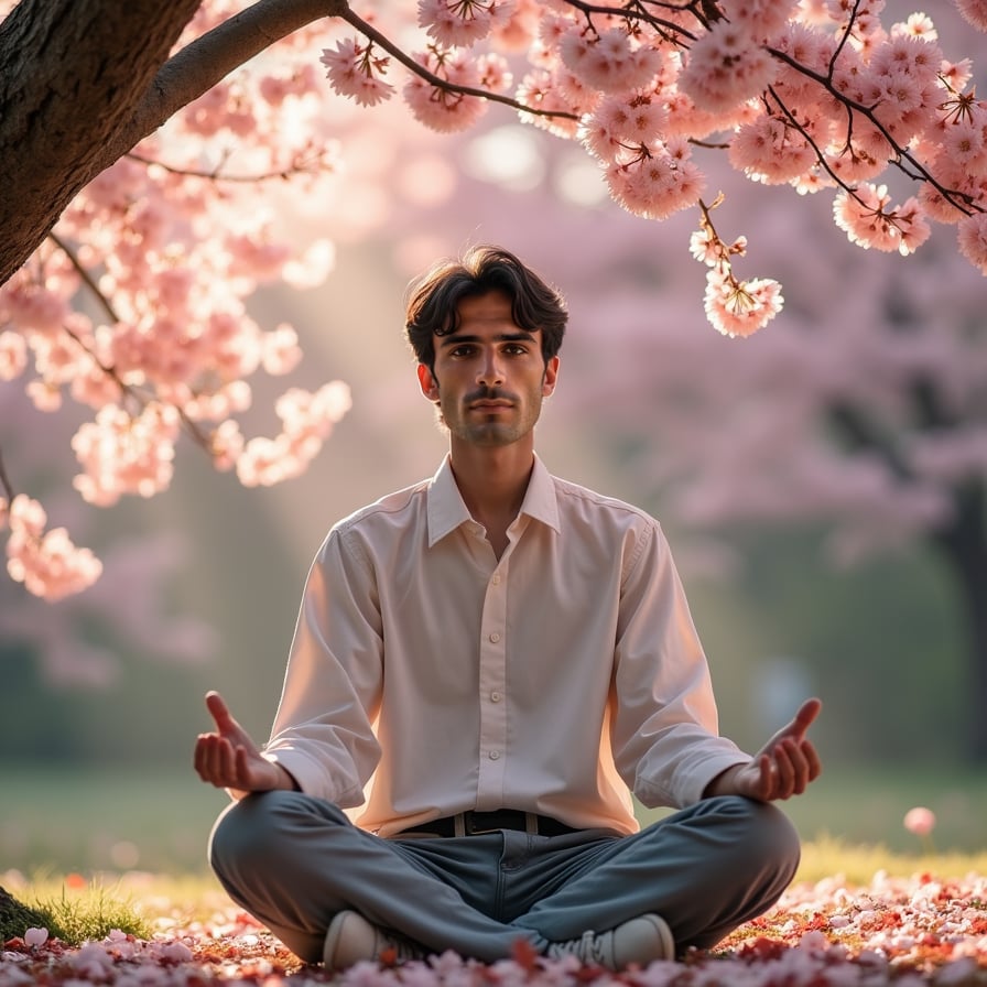 A young man sits cross-legged beneath a massive sakura tree in full bloom, meditating. His expression is peaceful, as sunlight filters through the branches, illuminating his tranquil face.