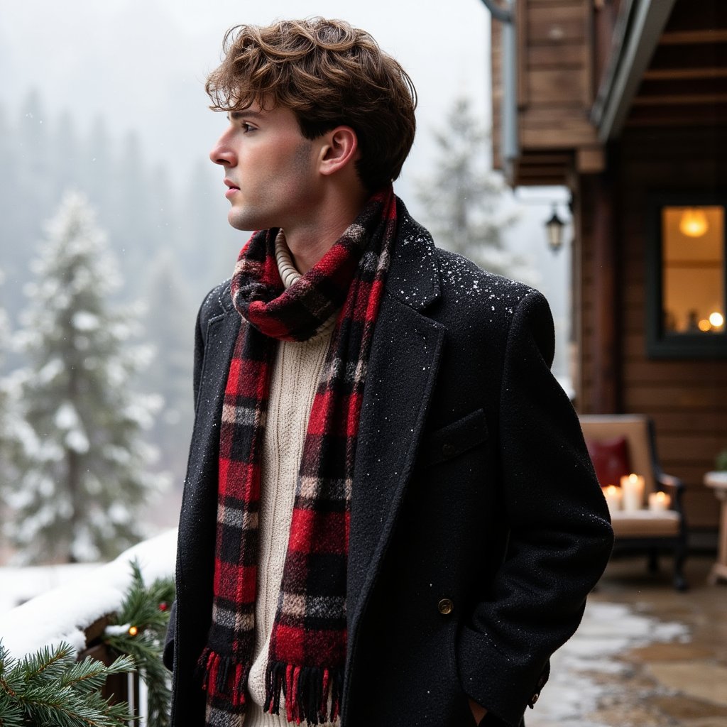 Man standing on a snow-dusted stone terrace overlooking pine forest; body slightly turned, eyes into distance. Hairstyle: swept-back hair, trimmed beard with snow specks. Attire: dark wool overcoat layered over a cream cable-knit sweater, plaid scarf loosely wrapped. Fabric details: visible wool fibers, scarf weave, frost crystals. Camera: medium telephoto, 70mm, f/2.8. Lighting: soft overcast daylight, gentle edge light from snow reflection. Background: blurred snow-covered pines and lodge windows glowing faintly; minimal foreground clutter. Pose: hands in coat pockets, posture upright. Render: highly detailed, highly realistic, HDR; visible breath mist, true skin tone under cool light.