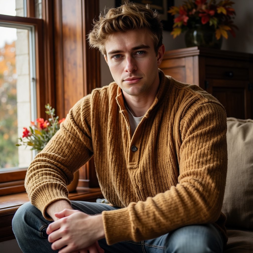 Highly detailed, highly realistic, hyperrealistic HDR portrait of a man (male, ~36 yrs) seated waist-up near a window with afternoon sunlight spilling from the left side. He wears a soft tan henley shirt with visible knit ribbing and rolled sleeves. His posture relaxed, gaze slightly downward in calm reflection. Camera angled at ~30° from his left, focus sharp on face and torso, shallow depth of field blurring the wooden window frame and faint outdoor foliage beyond. Light creates soft golden rim highlights on his jawline and shoulder. Visible texture: fabric weave, skin pores, fine arm hairs catching light. HDR, high resolution, high quality, highly detailed, photorealistic.