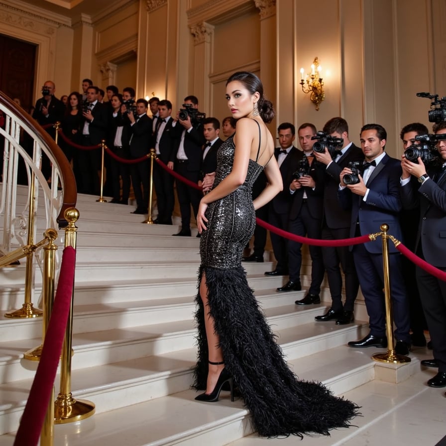 A woman in a high-drama sculptural gown made of latex and feathers, with a sharp silhouette, reflective textures, and bold makeup, Met Gala ready