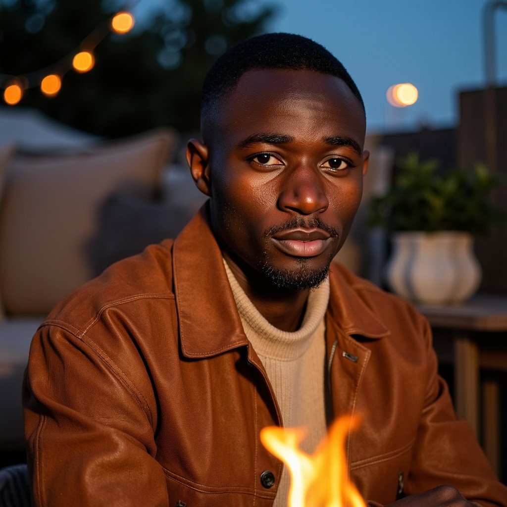 Highly realistic, highly detailed HDR image of a man (male, ~33 yrs) sitting waist-up beside an outdoor fire pit at dusk. Camera slightly above eye level, capturing warm firelight flickering across his face. He wears a suede jacket in dark chestnut layered over a beige knit sweater — both showing tactile texture, small creases, and soft shadows. His hair is short and wavy, faint beard visible. The fire casts orange glow across his right cheek, with cooler blue ambient tones from the evening sky behind. Background softly blurred: faint silhouettes of trees and warm string lights. Light smoke haze adds realism. Details: skin pores, hair fibers, subtle condensation in breath visible. HDR, high resolution, high quality, highly detailed, hyperrealistic photoreal portrait.