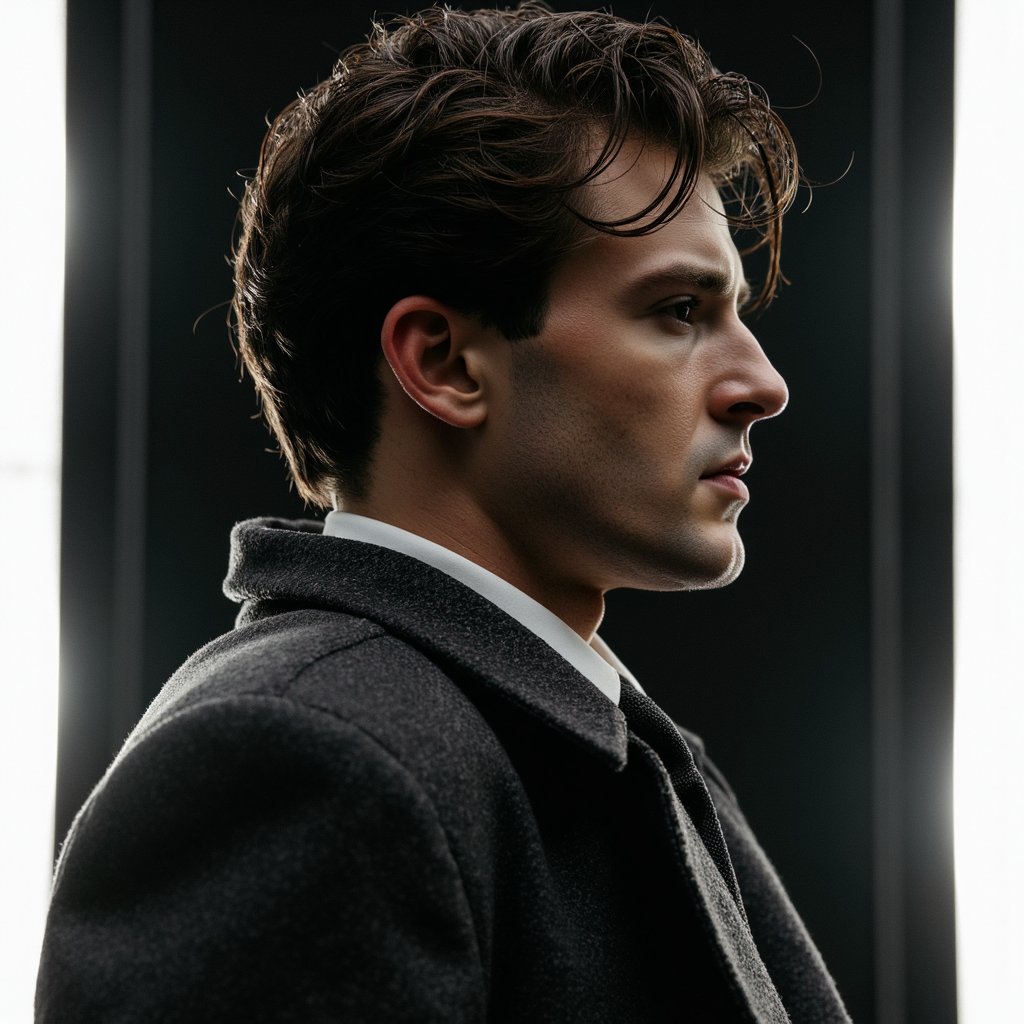 A cinematic dramatic portrait of a man (late 30s) with a controlled “spy film” vibe, waist-up, strong profile-to-three-quarter angle, camera at shoulder height with a slight tilt for tension. Hair: slicked-back dark hair with a clean side part, a few imperfect strands. Face: realistic skin texture, faint forehead lines, subtle scar near eyebrow, sharp jawline with light stubble, expression restrained and suspicious, eyes cutting sideways. Wardrobe: charcoal wool overcoat with visible weave and lint detail, white shirt collar, dark tie slightly loosened; fabric folds look natural and heavy. Lighting: hard key light from camera-right creating a sharp shadow edge across face, thin rim light behind to outline coat, background fades into deep darkness with a faint smoky haze, no objects. Camera: 70mm lens, f/2.8, crisp edge definition, controlled contrast, cinematic grading with muted tones. Highly detailed, highly realistic, HDR quality, cinematic lighting, minimal clutter, dramatic shadows.
