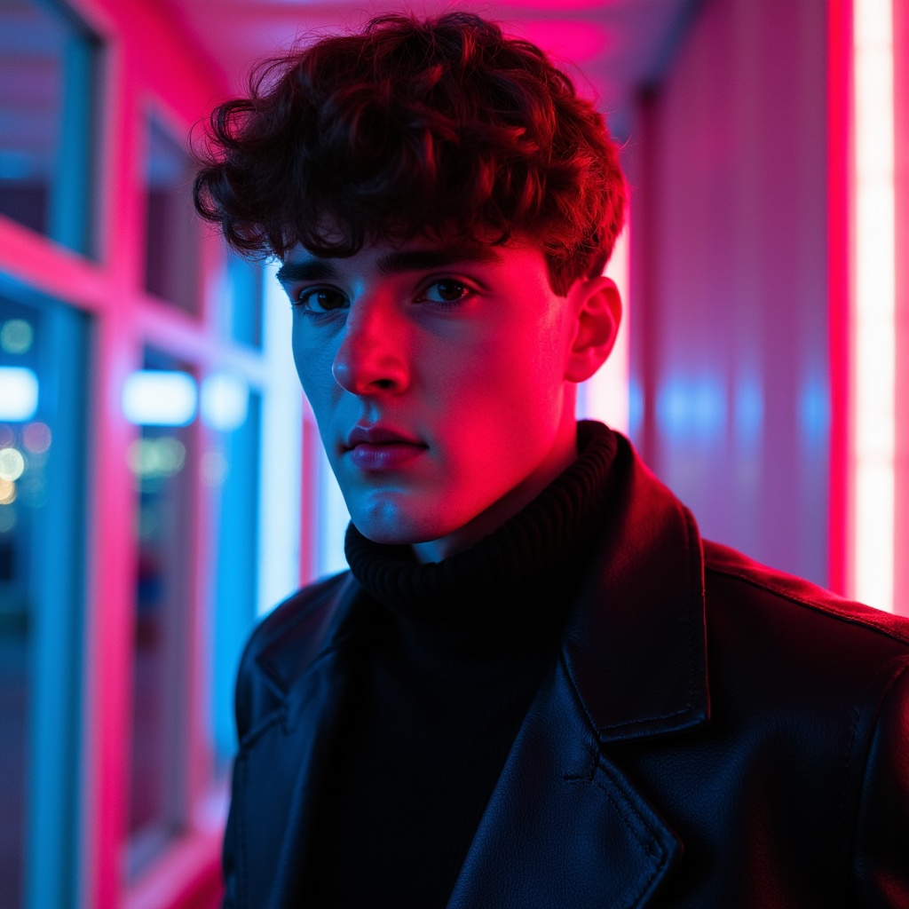 A male subject standing in an urban environment illuminated by neon lights, capt