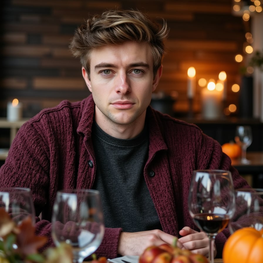 Hyperrealistic, highly detailed, HDR waist-up portrait of a man (male, ~40 yrs) indoors in a warmly lit dining space. Camera eye-level, straight-on. He wears a deep charcoal henley layered under a dark maroon wool cardigan with button detail. Short dark hair with a few silver strands, neatly styled. Background softly blurred: dark wood panels and subtle candle bokeh, faint reflections on glassware. Lighting warm and directional — candlelight from lower left adds gentle upward highlights on his face and collarbones. Visible details: fine beard texture, micro-shadows across the face, sweater’s dense weave, reflections in eyes. Mood cinematic, intimate Thanksgiving warmth. HDR, high resolution, high quality, highly detailed, photorealistic.