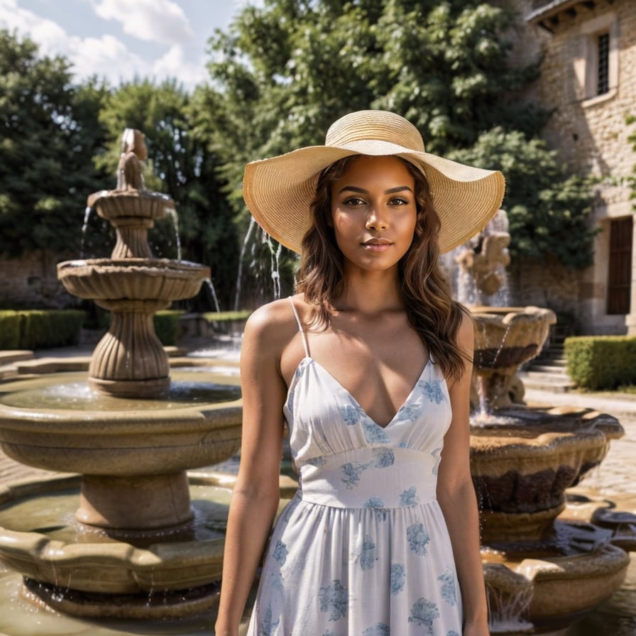 Woman in sundress, ancient European fountain, soft warm lighting.