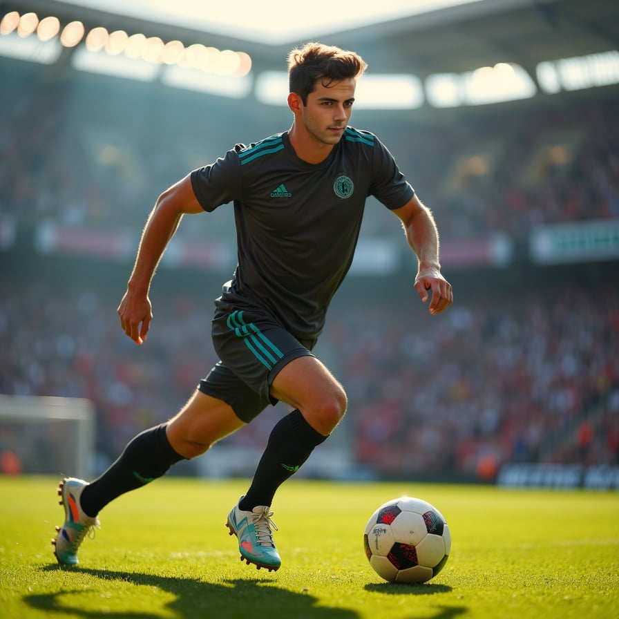 man in dynamic action, tackling and dribbling a football away from an opponent, wearing a sleek athletic jersey and shorts, under the bright lights of a stadium, with a blurred background of cheering fans and lush green grass.