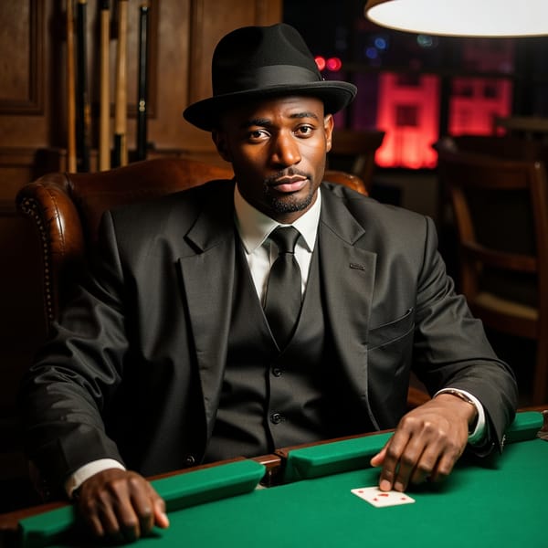 Highly detailed, highly realistic, HDR medium close (50 mm, f/2.0): green baize card table; graphite suit, thin black tie, cufflinks catching speculars; neatly trimmed goatee; overhead pool‑table lamp creates circular 3200 K key, gentle side fill lifts eye sockets; right hand idly spins a heavy gold coin (hint of motion blur), left fingers on a single playing card; background = rack of cues and empty chairs in bokeh.