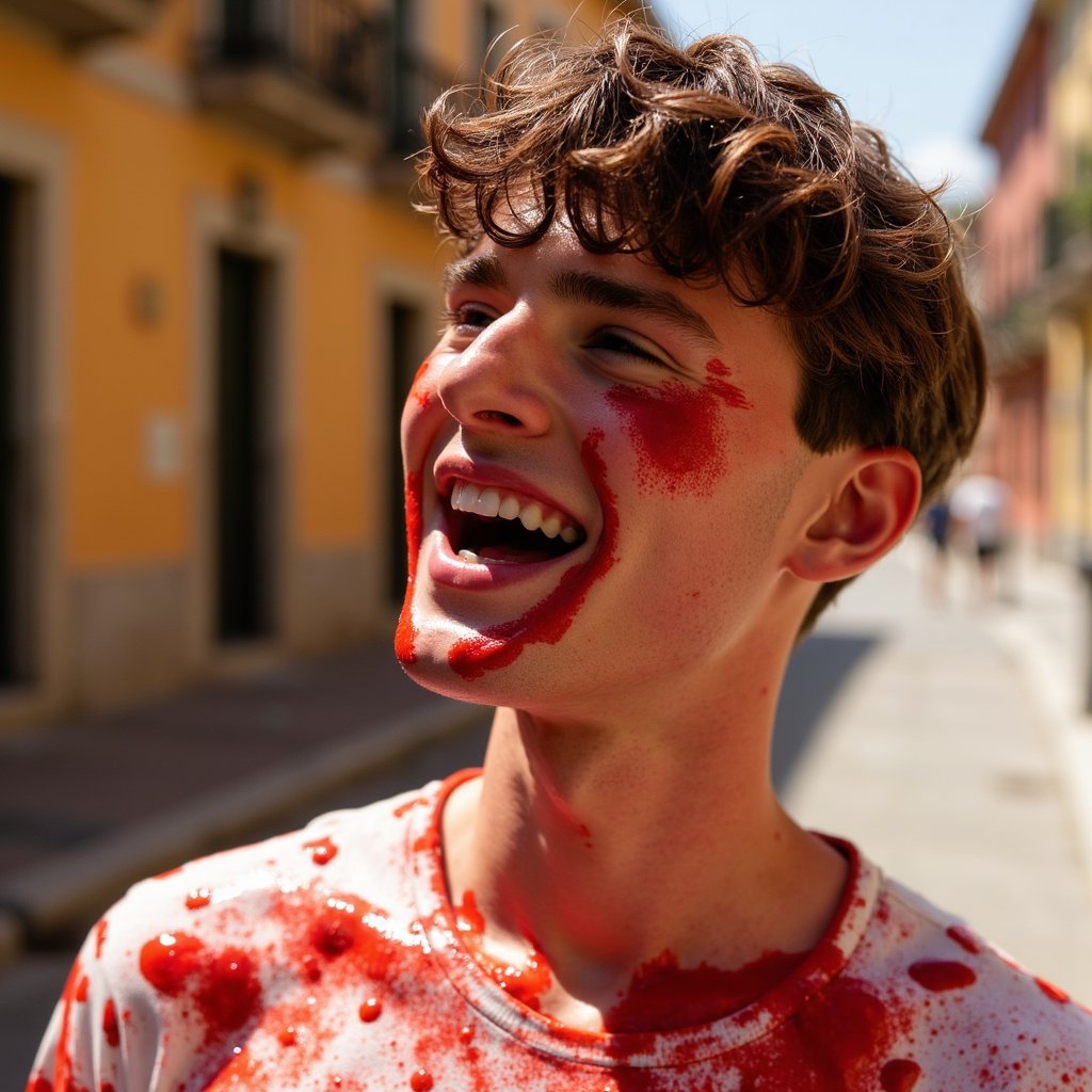 Knee-up portrait of a man mid-laugh with smashed tomatoes stuck to his shirt and arm, sun-drenched Spanish street behind him, soaked in red