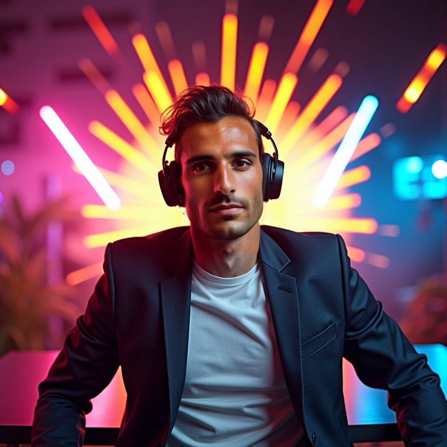 Generate a high-energy headshot of a man styled as an entertainer or gamer. He is wearing a headset or colorful attire, with an over-the-top excited expression. The background is vibrant, with explosive patterns or lightning bolts to match his content's lively theme