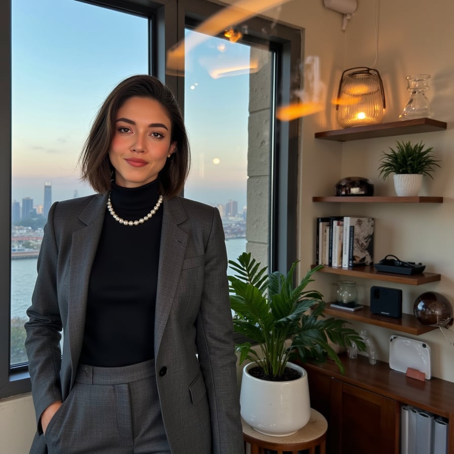 Close-up shot of a female attorney’s reflection in her office window, city skyline behind her. Wearing a black turtleneck with pearl necklace, hair in a short bob. Soft twilight lighting from the city’s glow. Shot using a 50mm lens through the glass for double exposure effect, strong detail on jewelry and reflections, soft ambient shadows.