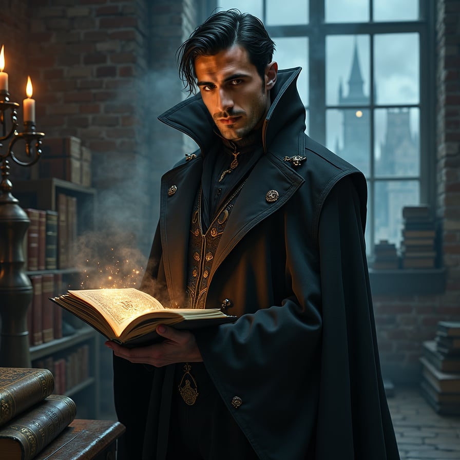 Depict a vampire man with an intense, mystical presence, surrounded by arcane books and magical symbols in an industrial-style loft. He has pale skin, dark hair, and wears a black coat with intricate details. He holds a glowing, ancient-looking artifact that casts a faint, supernatural light on his face. The scene has a mysterious and intellectual vibe, blending modern urban style with ancient, magical elements