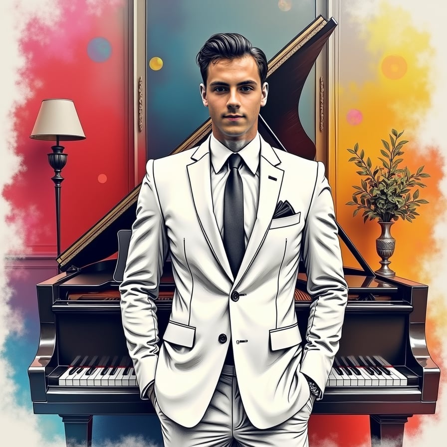 man wearing luxurious suit, surrounded by wealth and opulence, standing in a lavish living room with a grand piano and expensive artwork.
