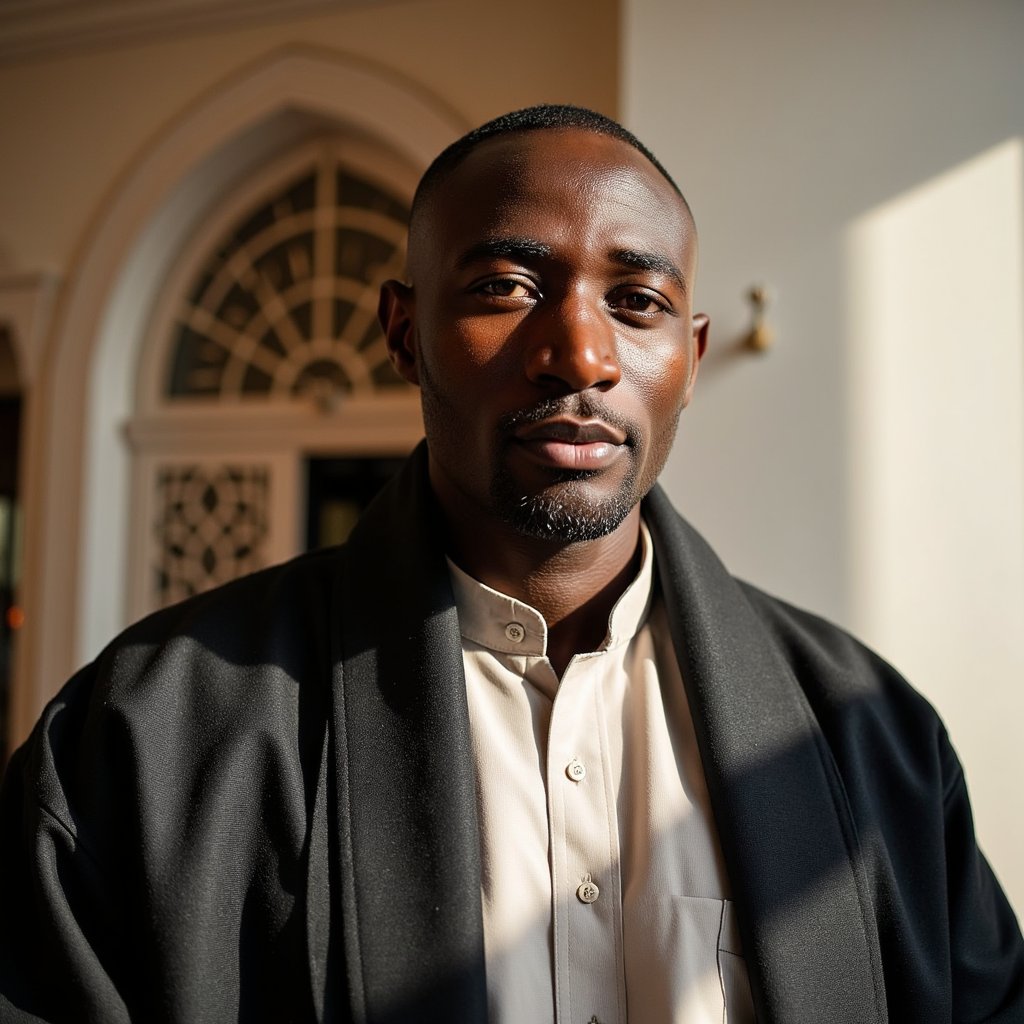 man in a dignified, traditional look, photographed in a serene and respectful setting. The lighting is soft and natural, with warm tones and subtle shadows enhancing his calm expression. The background includes minimal Islamic-inspired design elements like arches or calligraphy patterns, softly blurred. His presence feels composed and reverent. Hyper-detailed, high clarity, respectful tone, spiritual elegance