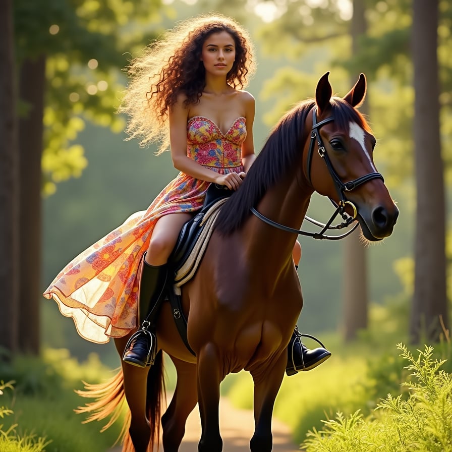 woman in elegant riding attire, long curly hair flowing in the wind, sitting confidently on a majestic horse, set against a serene countryside or rustic farm background with warm sunlight filtering through the trees.