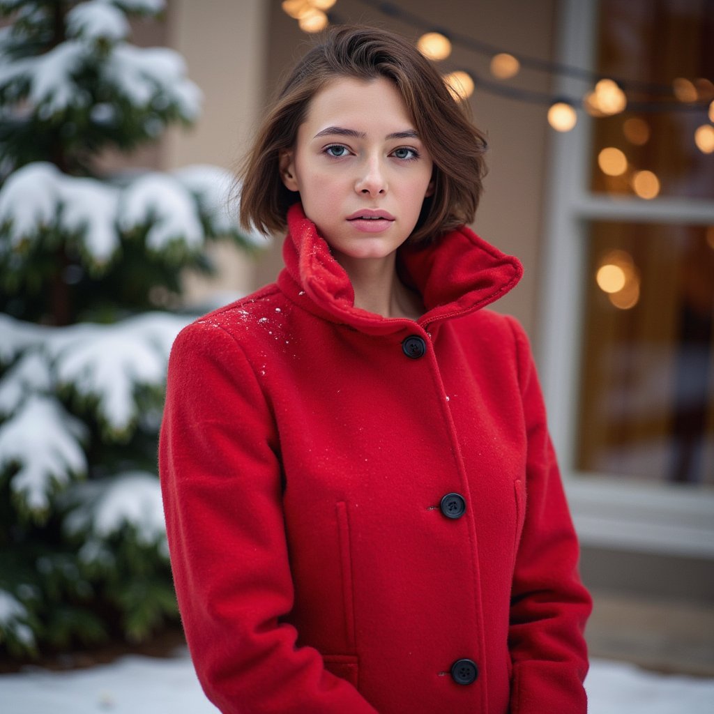 Waist-up outdoor portrait of a woman wearing a vivid red wool coat with a structured collar and black buttons; coat texture visible in crisp detail. She stands slightly turned away from the lens, looking gently back with a soft expression, still pose.
Hair: loose, soft curls with snowflakes resting naturally on the strands.
Makeup: natural glam—soft brown eyeliner, rosy cheeks, satin neutral lips.
Lighting: bright overcast snow-reflected light creating soft, even illumination; subtle highlights on coat fibers.
Background: blurred snowy evergreens with tiny golden fairy lights; minimal clutter.
Camera: 85mm f/2, eye-level; highly detailed, highly realistic, HDR, snowflakes, coat fibers, and eye reflections rendered sharply.