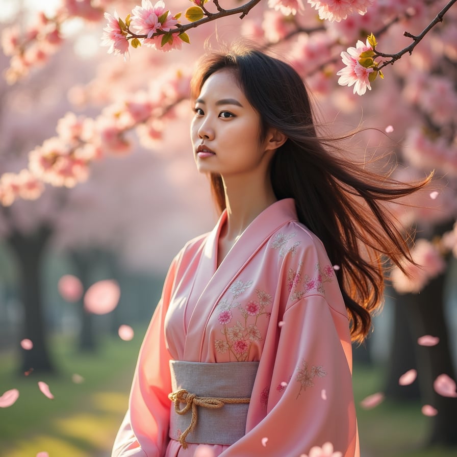 A young woman in a flowing pink kimono stands beneath a canopy of cherry blossoms, her long hair swaying in the gentle breeze. Soft sunlight filters through the petals, casting a dreamy glow on her face.
