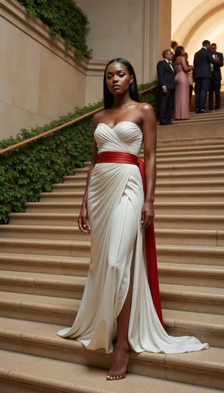 Background: actual 2026 Met Gala setting at the Metropolitan Museum of Art, gran