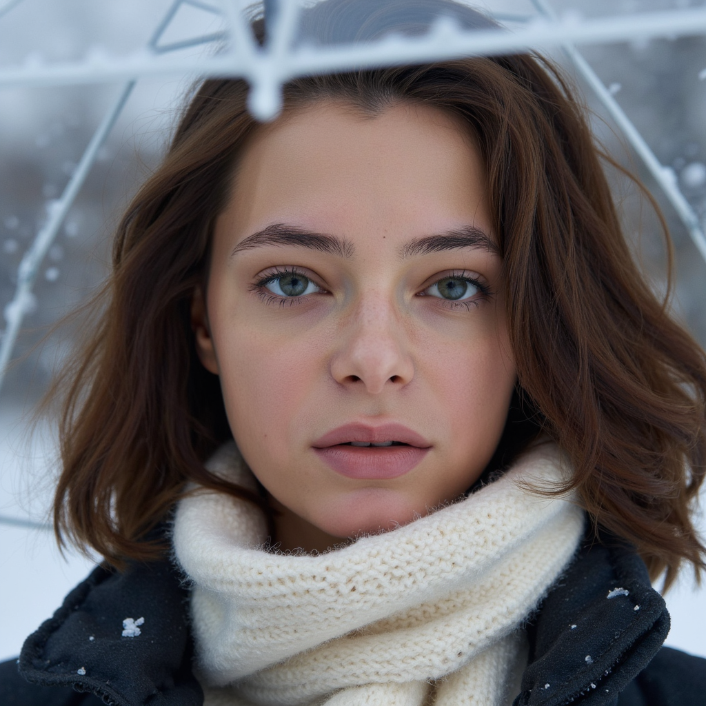 A highly realistic, highly detailed, HDR winter headshot of a woman standing out