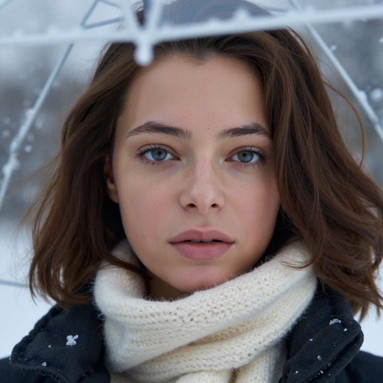 A highly realistic, highly detailed, HDR winter headshot of a woman standing out
