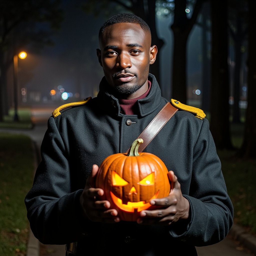 Three-quarter torso shot, slightly low camera angle, 85 mm lens, f/2.2, ISO 640, 1/125 s. Main light: lantern positioned behind and above left shoulder level, giving a strong golden rim along the top of his cavalry coat collar and upper sleeve, while leaving the front largely in shadow. Coat: thick melton wool, edges worn and frayed with tiny fiber protrusions; leather bandolier straps crossing the chest, the grain visible in rim light. He grips a carved pumpkin in both hands at chest height — the pumpkin skin showing natural waxy sheen, faint dirt smudges, and knife marks around the carved sections. The carved sections emit soft, warm candlelight that illuminates his gloved fingers from below, showing creases in the worn leather. Background: foggy forest path with tall trunks silhouetted, depth separation achieved by volumetric light scattering. Shadows fall realistically onto the coat’s lower folds and the pumpkin’s lower curve. Depth of field isolates his torso and the pumpkin, with the forest rendered in layered blur. Highly detailed, highly realistic, HDR.