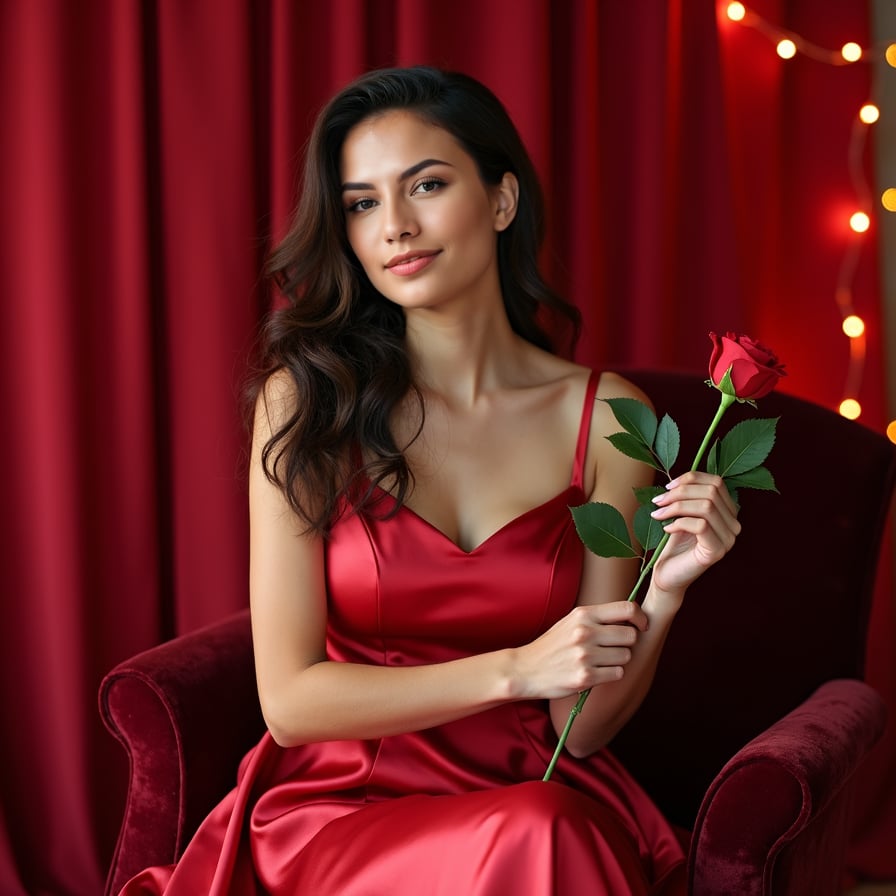 A model in a silky red evening gown, sitting on a velvet chair, holding a single long-stemmed rose, with romantic string lights and red curtains in the background.