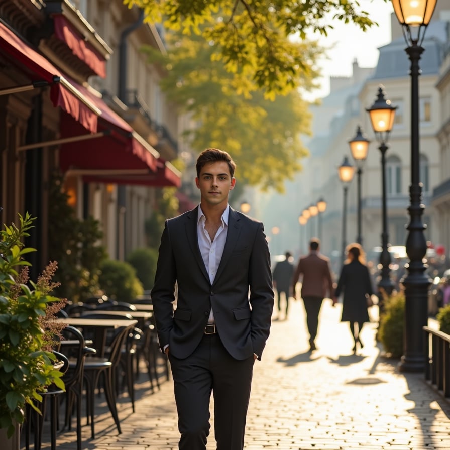 man in stylish, modern attire, wearing a fitted blazer and slim-fit trousers, walking down a charming Parisian street lined with historic buildings, quaint cafes, and ornate lampposts, surrounded by lush greenery and vibrant street performers, under the soft, warm glow of afternoon sunlight filtering through the leafy trees.