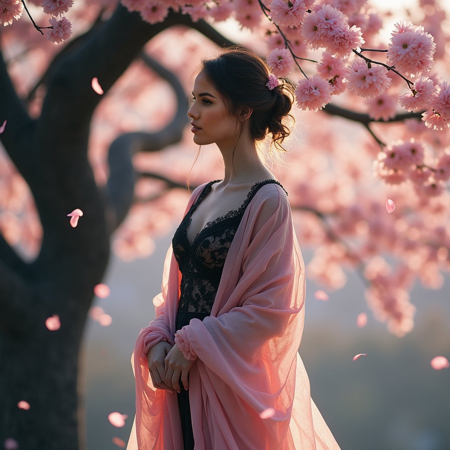 A mysterious woman in a black lace dress stands beneath a dark, ancient cherry blossom tree, her pale skin glowing under the soft pink petals. The moonlight casts long shadows, giving the scene an enchanting and eerie beauty.