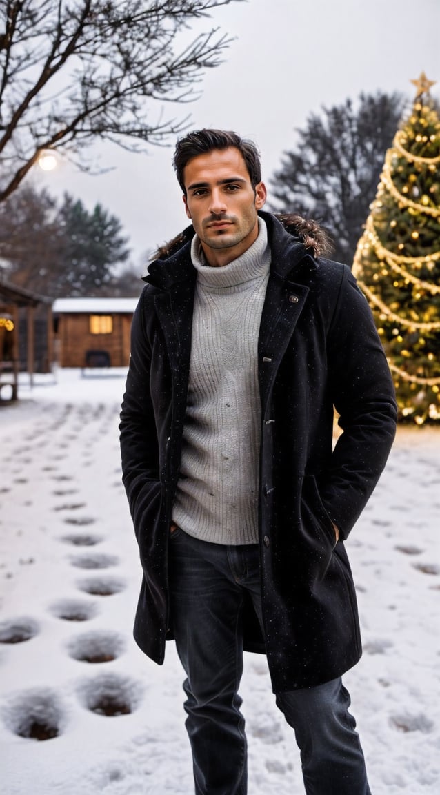 Man in a thick, winter coat, warmly lit by festive lights, Christmas tree in the background, moonlit snow, dark black sky, magical winter wonderland atmosphere